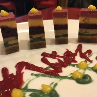 Rainbow Pie sweetened by dates and coconut nectar. This Living Foods dessert is made with layers of coconut, blueberry, raspberry, spirulina