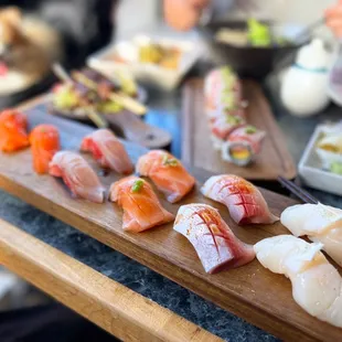 Nigiri (2 pc/order) - Umi Masu ($13), Kinmedai (MP), Sake Toro ($11), Hamachi Toro ($11), Hotate ($12)