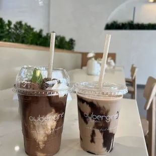 Peanut butter bomb smoothie and mint cacao smoothie.