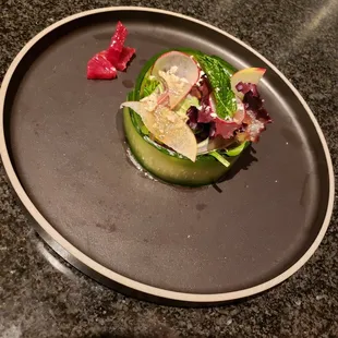 Cucumber + Apple + Maple Compressed Cucumber with Field Greens, Kanzi Apple, SHaved Radish, Maple Vinaigrette and Blood Orange