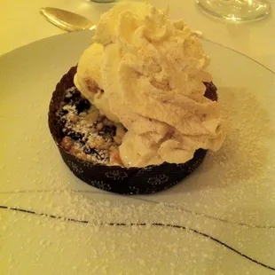 Blueberry tart with almond ice cream and maple whipped cream