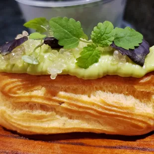 Shrimp Ricotta in Homemade Eclair with Avocado and Finger Lime
