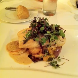 Seared halibut with Mayer lemon sauce