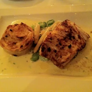 Halibut with Au-gratin potatoes, white asparagus &amp; fava beans