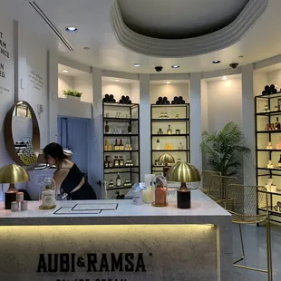 a woman sitting at a counter