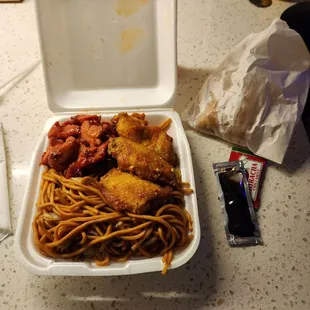 Combo C: All chow mein, hot wings, BBQ chicken, 2 vegetarian egg rolls. (The chow mein doesn't have enough vegetables in it.)