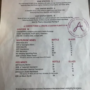 Their wine selection menu