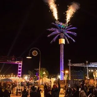 New year's eve celebration with LED video, sound, pyro, and custom-built 60' tall palm tree