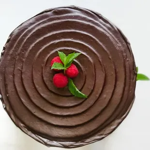 Chocolate cake with raspberry mousse and chocolate ganache