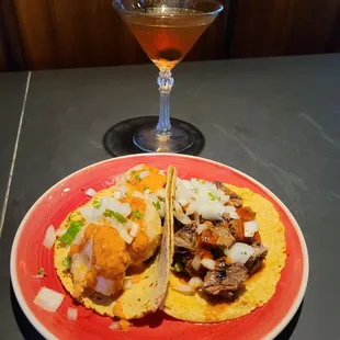 Shrimp and carne asada tacos w/ a rye Manhattan