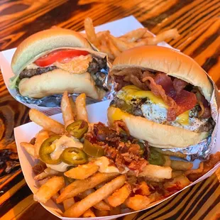 Right: Bacon, egg, and cheese (add loaded fries), Left: Pimento