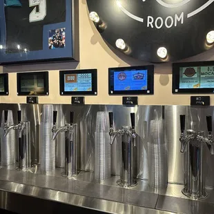 a row of beer taps