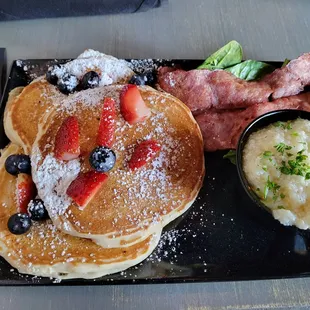 Pancakes with Turkey bacon and grits