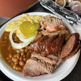 3 meat plate. Mac and beans
