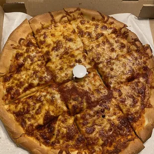 a cheese pizza in a box