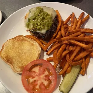 Green chili burger and sweet potato fries.