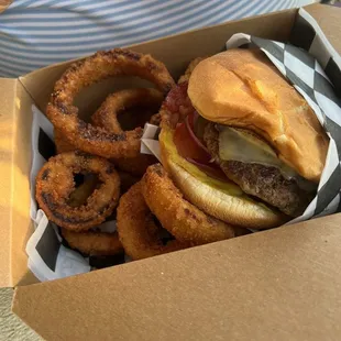 Barnyard Burger with fried onion rings