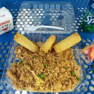 Yummy Chicken fried rice with spring rolls.   They forgot to deliver the egg drop soup oops.