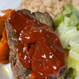 Meat loaf, sweet potatoes, white beans and cabbage