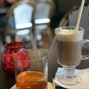 a cup of coffee and a glass of tea