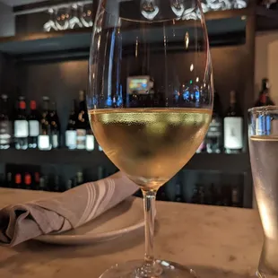 a glass of wine and a glass of water