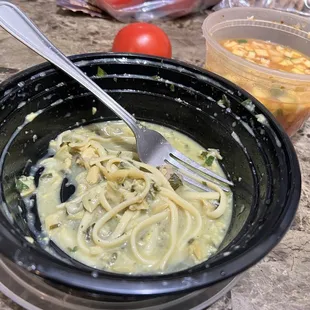 Clams Sauce and Minestrone in the background
