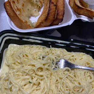 Shrimp Alfredo with angel hair pasta &amp; Garlic Cheese Toast