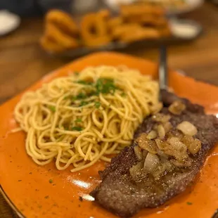 Garlic noodles and steak