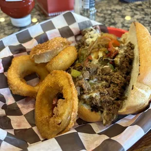Cheesesteak and onion rings