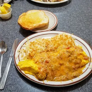 Spanish omelet, hash browns, sour dough toast.
