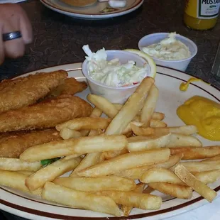 Fried cod. French fries. Slaw. Tarter sauce.