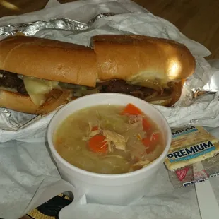 Philly Sandwich, with chicken vegetable soup.