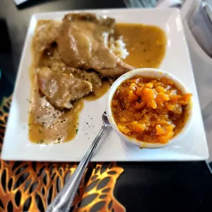 Lunch: smothered pork chops and yams