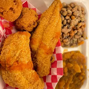 Catfish, purple hull peas, sweet potatoes