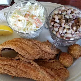 Catfish, cole slaw, and purple hull peas