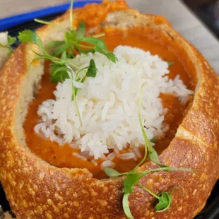 Cajun Pan Roast soup in sourdough