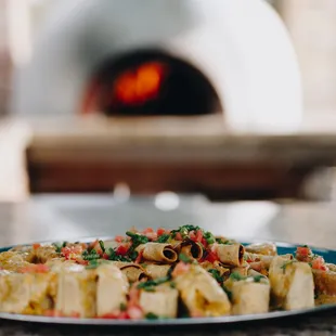 A party platter in front of our wood fire pizza oven