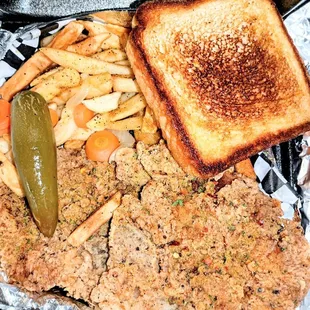 Fried Pork Chop Basket, Fries, Texas Toast and Pickled Jalapeno and Carrots.