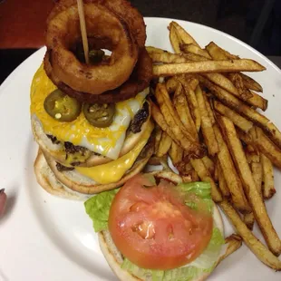 A triple decker burger HUGE and yummy!  (Real ground beef) not those yucky brown and serve burgers.  Best around!