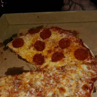 One side pep and the other bacon and ham call the original  aunt pollys at 317-638-food