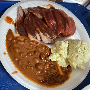Two meat bbq plate, beans and Potato Salad