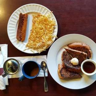 Vegan French toast and sausage with hash browns