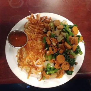 Vegan Hash Browns with vegan sausage! Highly recommend!