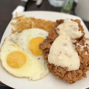 Chicken Country fried steak and eggs
