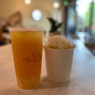 Longan fruit tea with lychee jelly and avocado smoothie with coconut ice cream