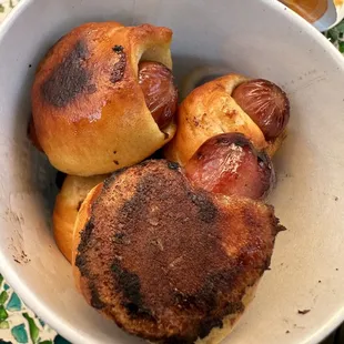 All burnt Pretzel Dog. I asked for a replacement and it's also burnt. Very rude service.