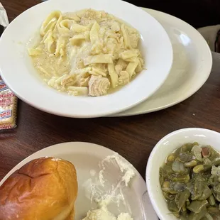 Chicken noodle soup with mashed potatoes.