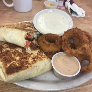 Chicken bacon wrap and onion rings