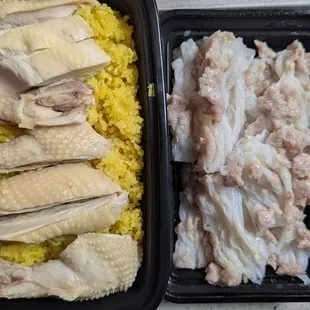 Hainan chicken rice and minced pork chern fun