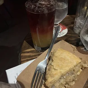 Pie and cocktail event - beef stroganoff pie with brandy and red wine cocktail.